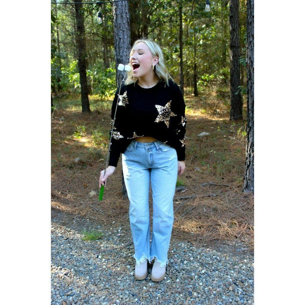 Fantastic Fawn Oh My Stars Sequin + Pearls Sweater in Black IFKT54447-01 - Picture 4 of 11